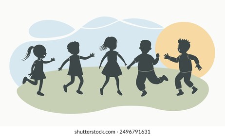 running children vector illustration, group of active kids playing clipart graphic illustration