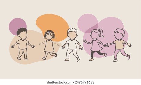 running children vector illustration, group of active kids playing clipart graphic illustration