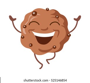 Running chocolate biscuit isolated illustration. Sweets. Happy smiling cookie with closed eyes and raised hands. Running brown baked cracker with pieces of chocolate. Simple cartoon style. Vector