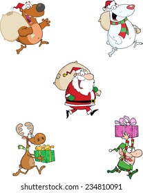 Running Christmas Cartoon Characters. Vector Collection Set