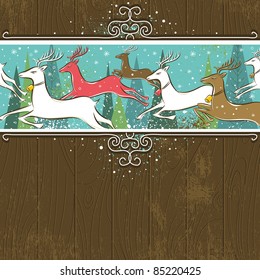 Running christmas deers in the forest,  vector illustration