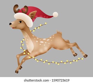 A running Christmas reindeer cartoon character with garland and wearing a Santa Claus hat. Isolated on a dark background.