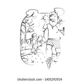 Running in city park. Man runner outside jogging in park. Eco Vector flat illustration