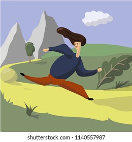 Running in city park. Woman runner outside jogging in park. Vector flat illustration