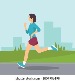 Running in city park. Woman runner outside jogging in park. Vector flat illustration