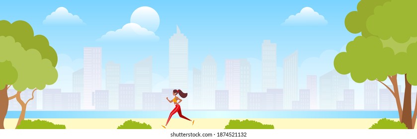Running in city park. Woman runner outside jogging in park. Vector flat illustration