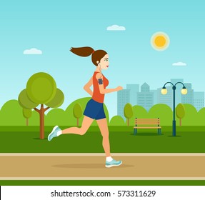 Running In City Park. Woman Runner Outside Jogging In Park. Vector Flat Illustration