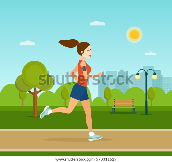 市の公園を走る 公園でジョギングをしている外の女性ランナー ベクターフラットイラスト のベクター画像素材 ロイヤリティフリー