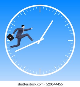 Running up the clock handles business concept. Confident businessman in business suit with case running up the clock handles. High speed business, time to success conversion