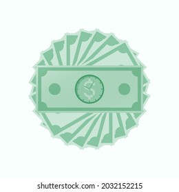Running clock symbol at position of picture on dollar banknote and spiral money. Conceptual illustration of time is money. Vector illustration outline flat design style.