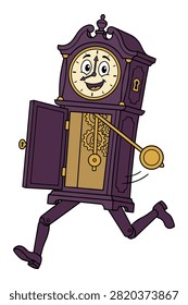 Running clock, time flies, grandfather clock, anthropomorphic, cartoon character.