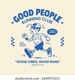 Running club cartoon illustration, retro mascot illustration, running guy logo template, good vibes poster quote