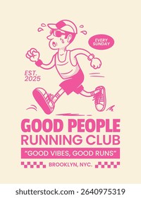 Running club cartoon illustration, retro mascot illustration, running guy logo template, good vibes poster quote