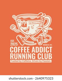 Running club coffee mascot illustration poster, vintage illustration, coffee retro mascot, logo illustation