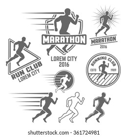 Running club set of monochrome vector labels, badges, emblems, logos and design elements isolated on white background, athlete silhouette