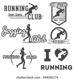 Corriendo etiquetas de Vector de club y emblemas para impresiones, proyectos, invitaciones, tarjetas.  Silueta atlética, ilustración de carrera de atleta
