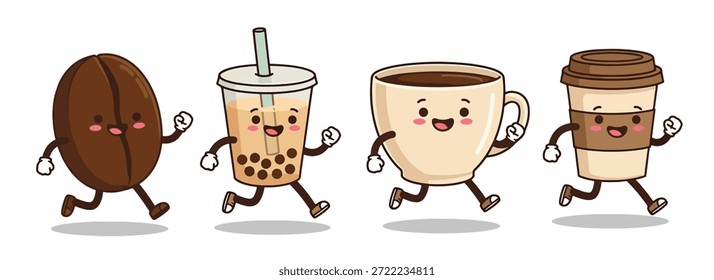 executando personagens de café chá de copo de feijão e xícara de take out 