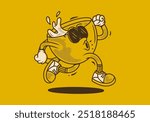 Running coffee cup character illustration in retro vintage style