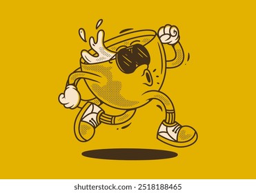 Running coffee cup character illustration in retro vintage style