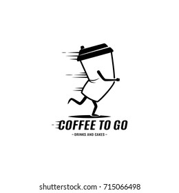 Running Coffee Cup or Mug Logo in monochrome style. Coffee to Go Concept. Template for your cafe, restaurant, logo, badge, sign, emblem, sticker, tag, apparel. 