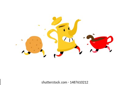 Running coffee pot with a cup of coffee and cookies. Vector. Funny characters for a coffee shop. Logo for the teahouse. Tea and coffee shop.