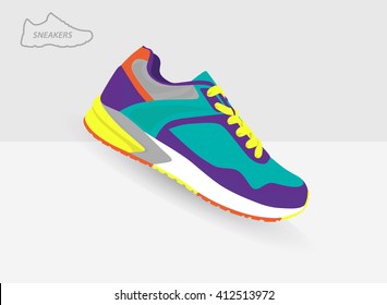 Running colorful shoes. Bright Sport sneakers symbol. Vector illustration isolated on white background.