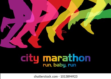 Running competition. Crowd of people is running in the city marathon. 
