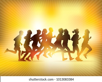 Running competition. Crowd of young people is running in the marathon. 