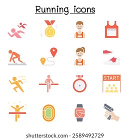 Running competition icon set in flat color style