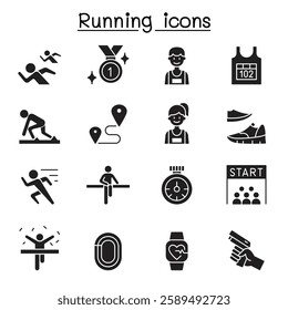 Running competition icon set in glyph style