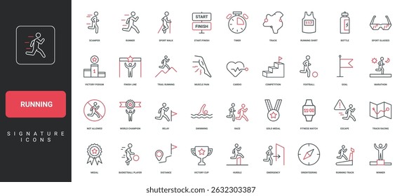 Running competition, start and finish of race distance, track, trophy of winner line icon set. Shirt and water bottle of runner, medal and timer thin black and red outline symbols vector illustration