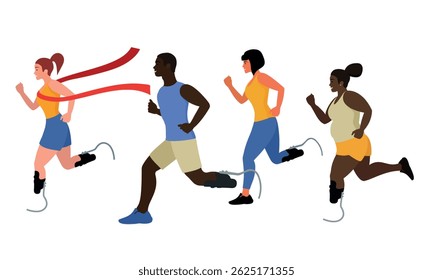 Running competitions among people with prosthetic legs. The woman reached the finish line first and crossed the red ribbon. The drawing is made in a flat style.