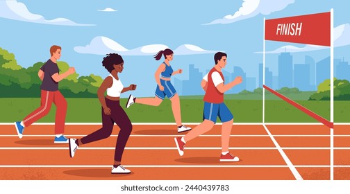 Running competitions concept. Men and women run to finish line. Active lifestyle and sports. Athletes in tournament and championship. Cardio workout outdoors. Cartoon flat vector illustration