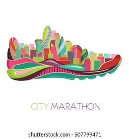 Running concept. City marathon. Sport vector illustration.