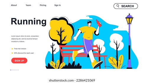 Running concept for landing page template. Man running in park, marathon training. Outdoor cardio workout, sport activity people scene. Vector illustration with flat character design for web banner