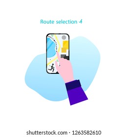 Running concept. Man makes a route for running using the app. Route selection. Vector illustration in flat style