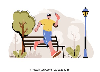 Running concept. Man running in park, sport activity situation. Outdoor cardio workout, marathon preparation people scene. Vector illustration with flat character design for website and mobile site