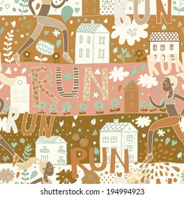 Running concept seamless pattern. Pattern can be used for wallpaper, pattern fills, web page background,surface textures. Girl is running near houses in vector