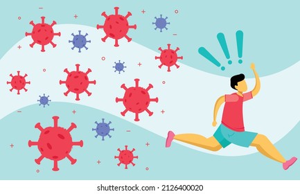 Running from corona virus flat vector illustration. A man affraid and running from viruses concept for banner, flyer, pamphlet, or presentation.