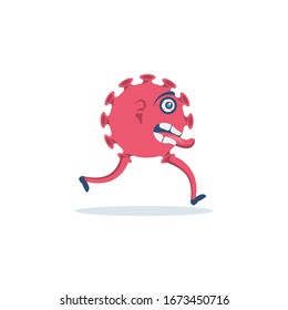 Running coronavirus. Red dangerous bacterium escapes or catches up. A frightened disease escapes the killings. Vector illustration cartoon flat design. Isolated on white background.