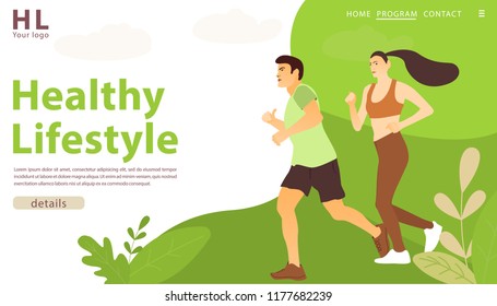 Running couple in flat style on a park abstract background.  Landing page template. Sport and healthy lifestyle concept. Vector illustration.