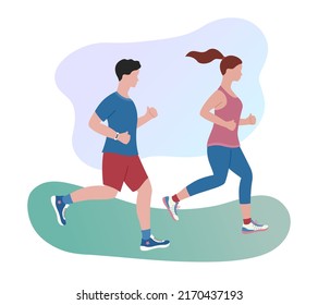 Running couple. Man and woman jogging together outdoors. Healthy lifestyle and fitness concept. Morning jog in park. Flat vector illustration. 