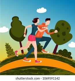 Running couple. People run in a park. Man and woman on work out. Cartoon style illustration. Outdoor active sport.