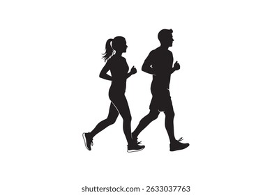 Running Couple Silhouette - Silhouette Illustration of Jogging Couple