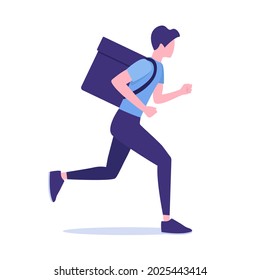 A running courier. Home delivery. Flat colored vector illustration. Isolated on white background. 