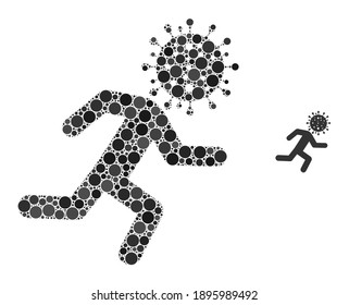 Running covid man composition of filled circles in different sizes and shades. Vector filled circles are combined into running covid man composition. Running covid man isolated on a white background.