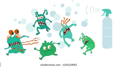 Running crazy monsters on white background. Bacterium extermination. Hand drawn cartoon vector illustration