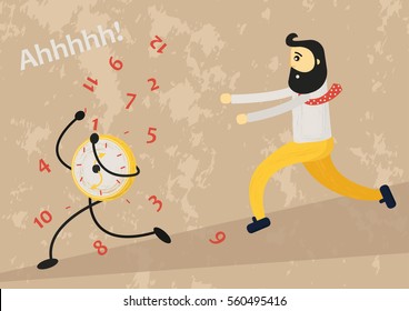 Running crazy time: a clock is running away from the man, who is desperately trying to catch it. We are trying to do a lot of things, but we always understand, that we do not have enough time.