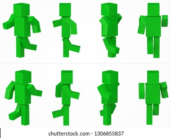 running cubic character. 3d style green cubic character illustration. same character from eight different viewpoints