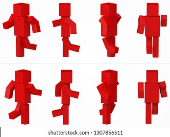 running cubic character. 3d style red cubic character illustration. same character from eight different viewpoints